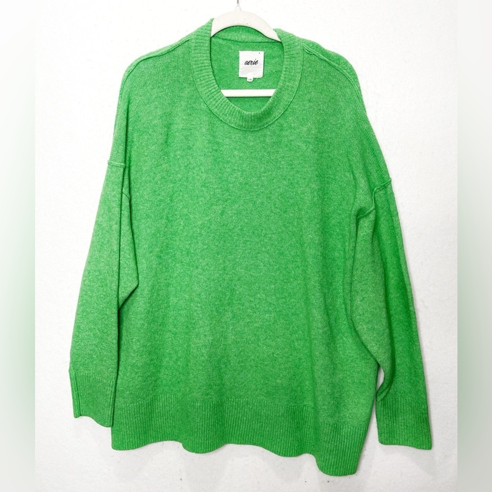 Aerie Women's Bright Green Crewneck Oversized Fit Fuzzy Sweater Cozy Comfy Large